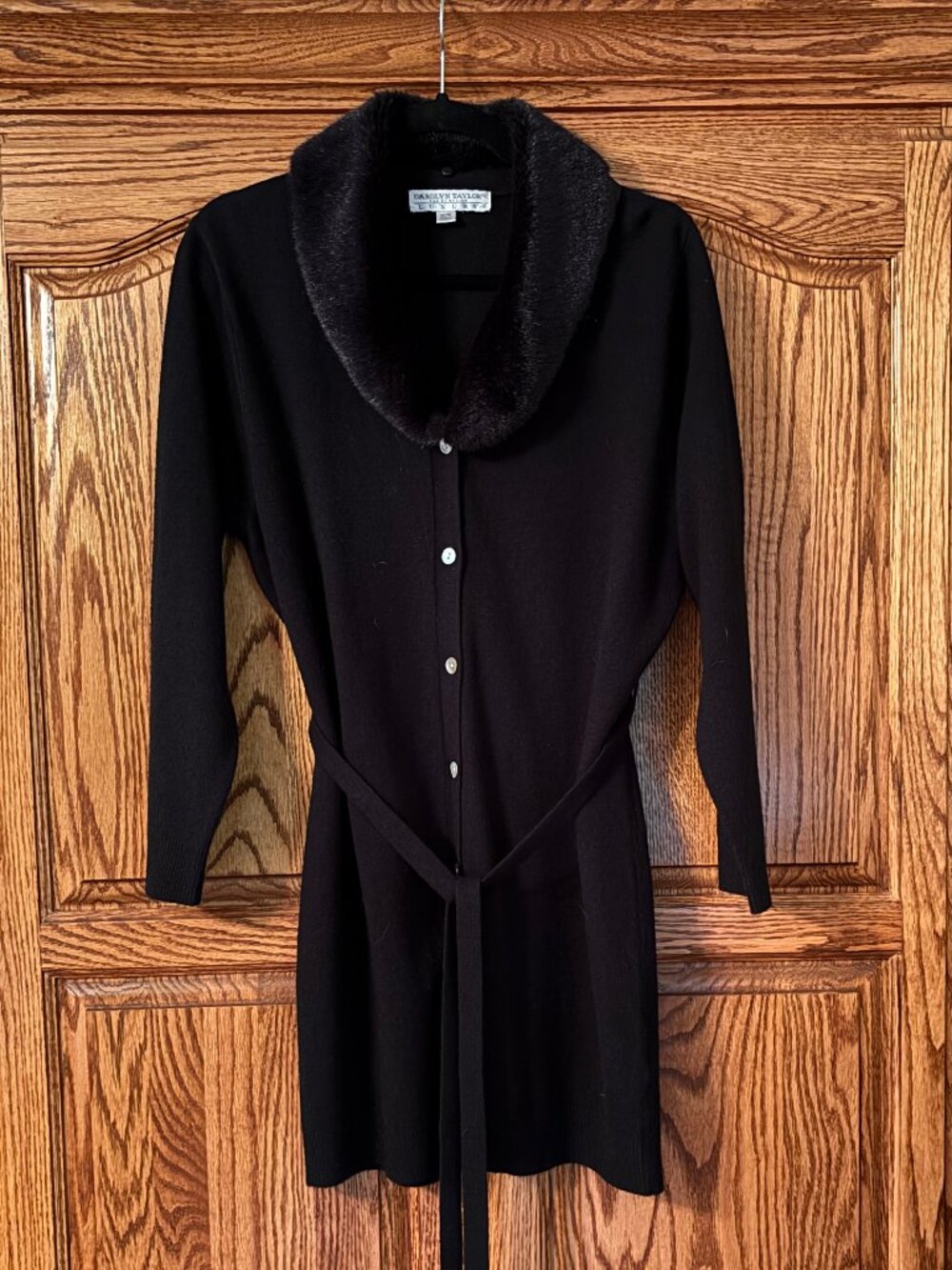 Faux fur collared button-down sweater black by Carolyn Taylor Luxury Size Medium